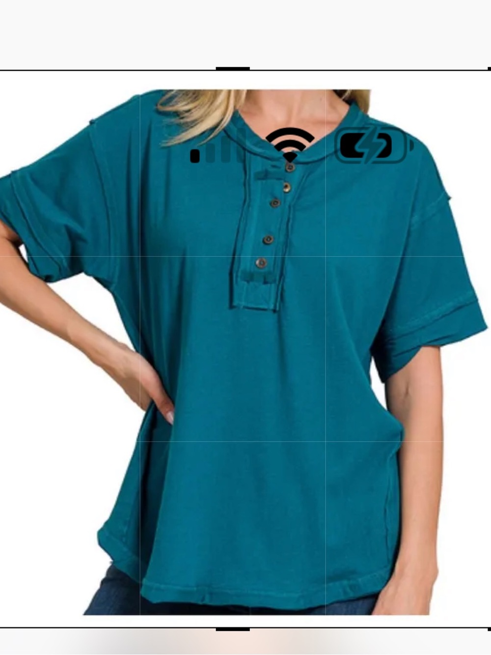 Zenana Raw Edge Detailed button top in blue with reverse stitching